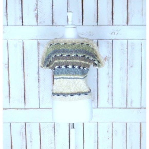 Liz Claiborne ivory tan brown striped chunky knit short sleeve cropped sweater - Picture 1 of 5